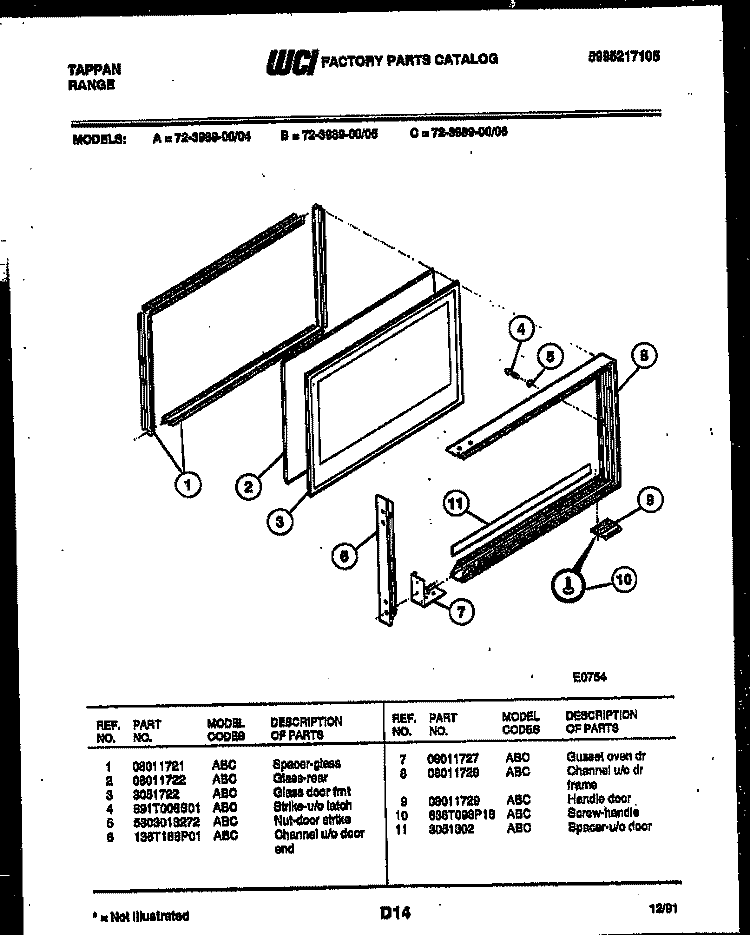 UPPER OVEN DOOR PARTS Diagram and Parts List for 72-3989-00-04  Tappan Range