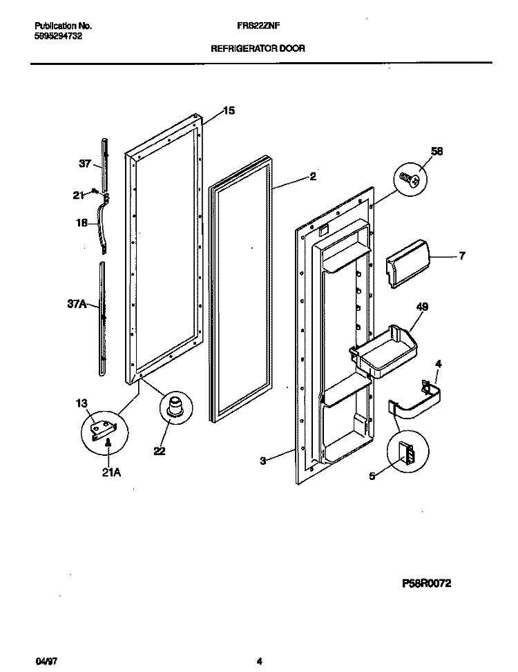 REFRIGERATOR DOOR Diagram and Parts List for FRS22ZNFW0  Frigidaire Refrigerator