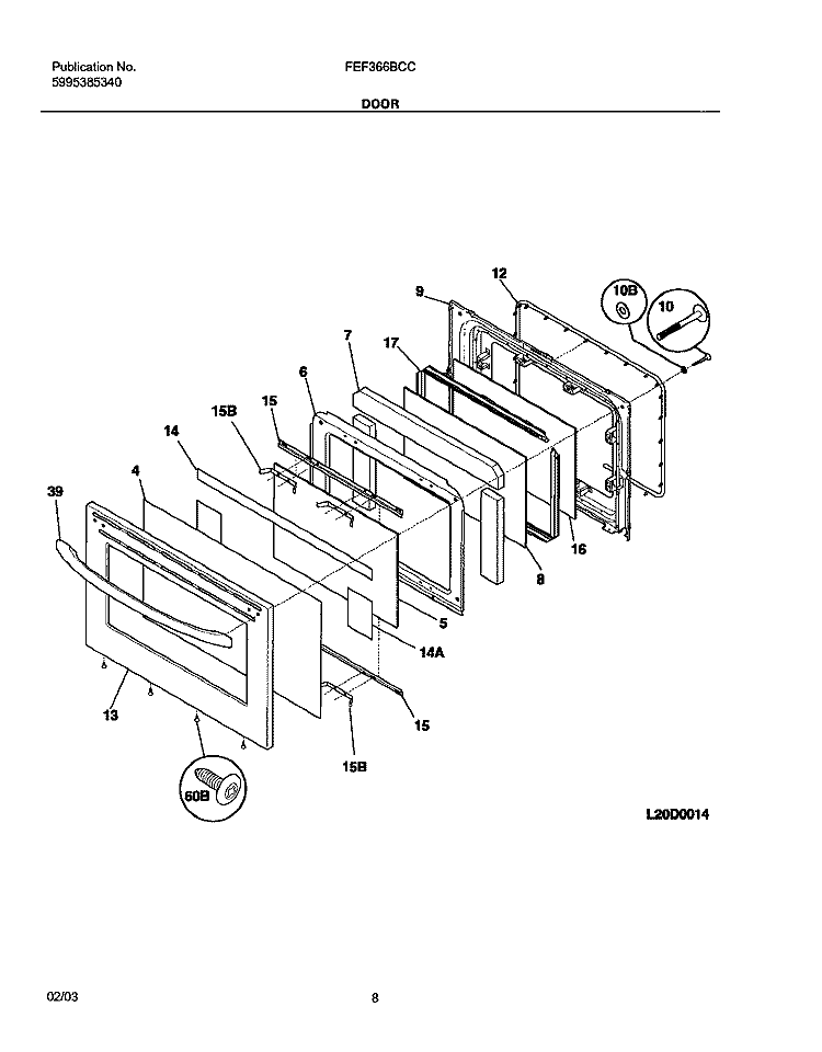DOOR Diagram and Parts List for FEF366BCC  Frigidaire Range