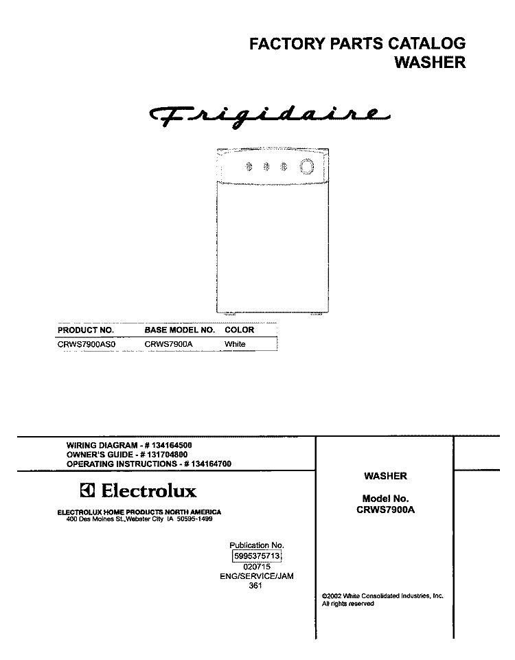 COVER Diagram and Parts List for CRWS7900AS0  Frigidaire Washer