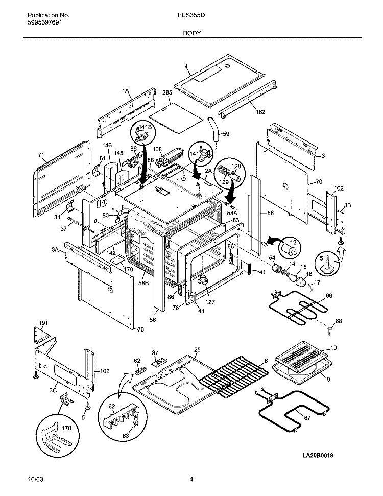 BODY Diagram and Parts List for FES355DSA  Frigidaire Range