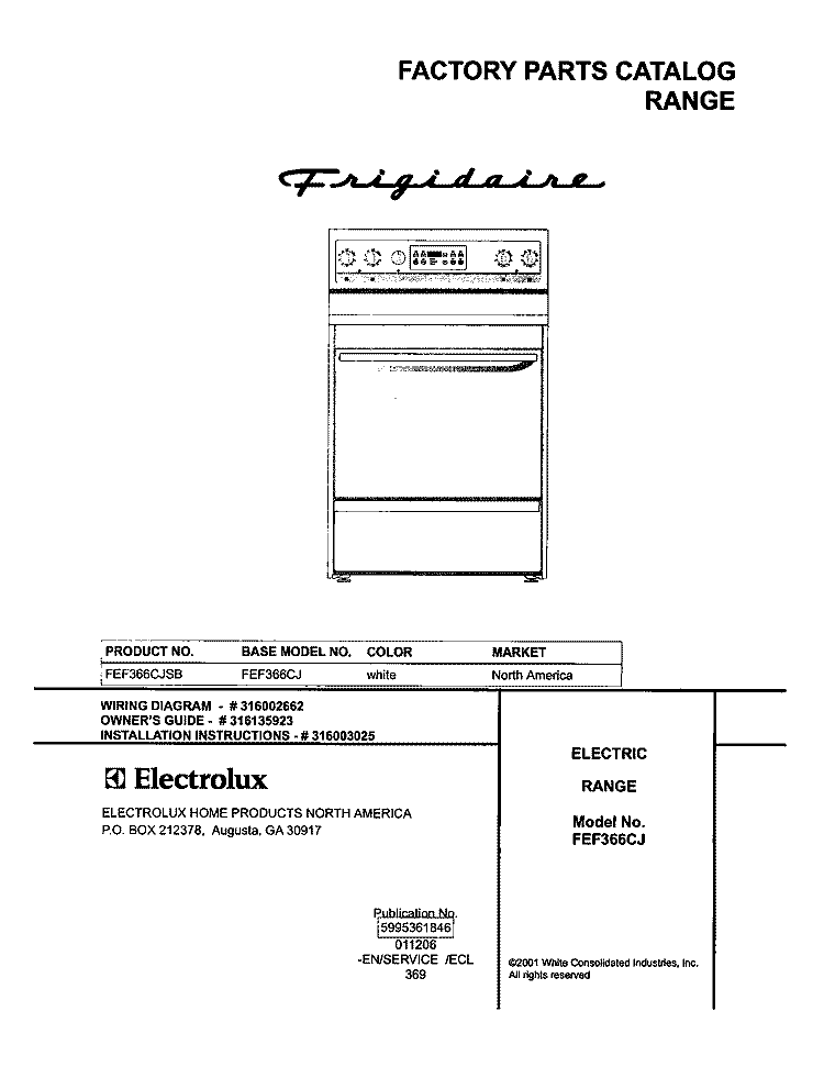 COVER Diagram and Parts List for FEF366CJSB  Frigidaire Range