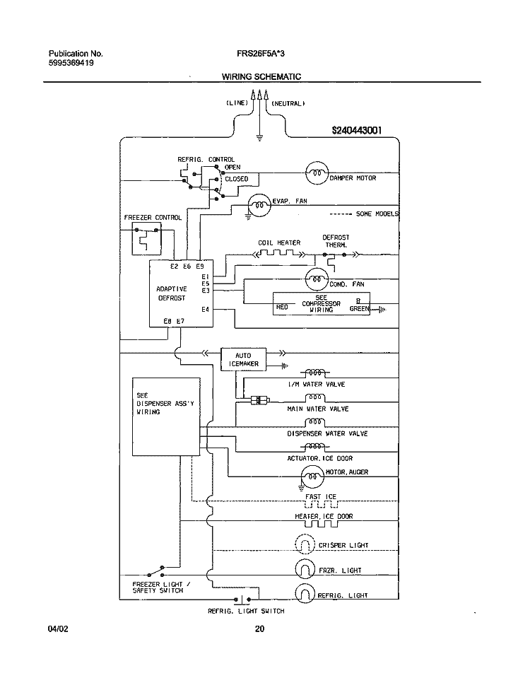 WIRING SCHEMATIC Diagram and Parts List for FRS26F5AQ4  Frigidaire Refrigerator