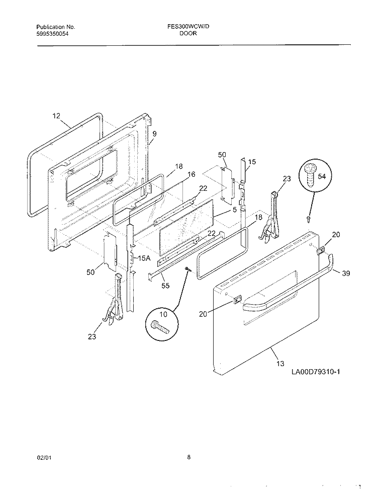 DOOR Diagram and Parts List for FES300WCWJ  Frigidaire Range