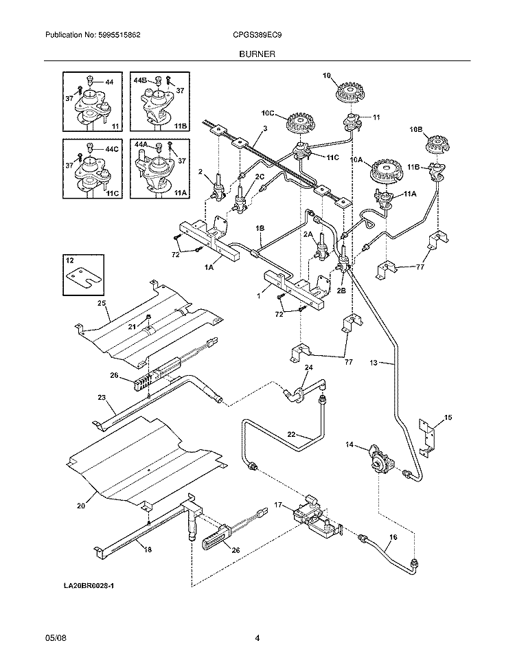 BURNER Diagram and Parts List for CPGS389EC9  Frigidaire Range