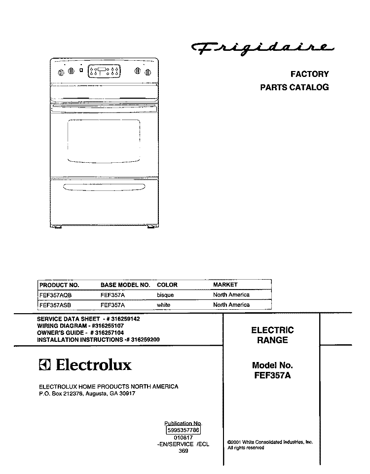 COVER Diagram and Parts List for FEF357ASB  Frigidaire Range