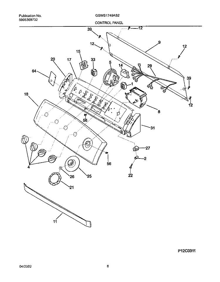 CONTROL PANEL Diagram and Parts List for GSWS1749AS2  Frigidaire Washer