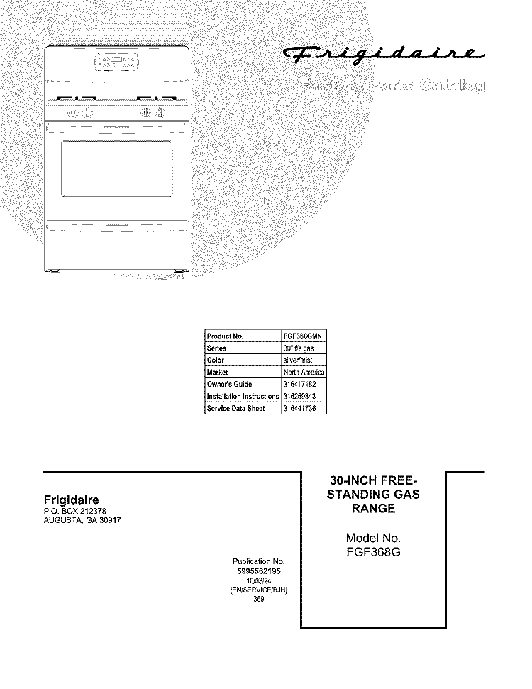 COVER Diagram and Parts List for FGF368GMN  Frigidaire Range