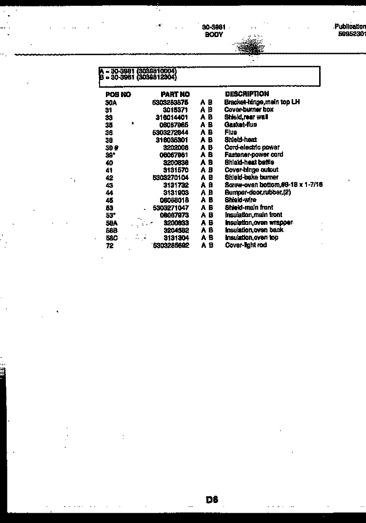 BACKGUARD Diagram and Parts List for 30-2139-00-09  Tappan Range