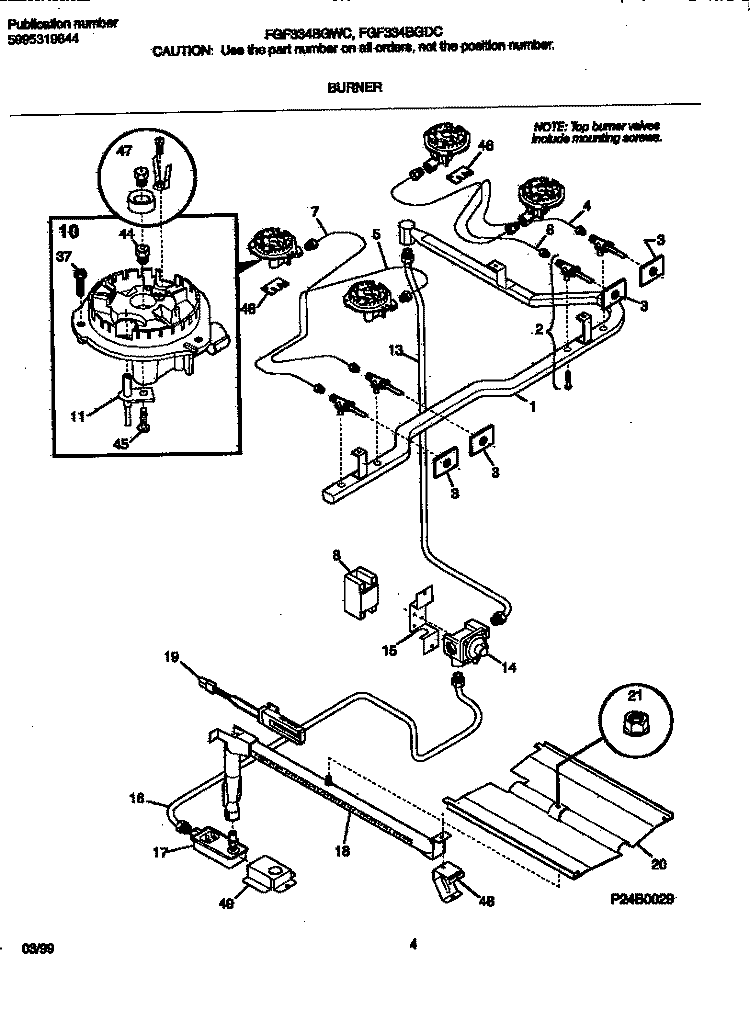 BURNER Diagram and Parts List for FGF334BGDC  Frigidaire Range