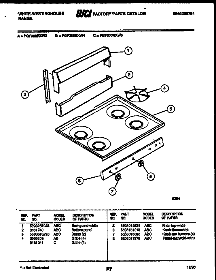 BACKGUARD AND COOKTOP PARTS Diagram and Parts List for PGF300HXW3  Frigidaire Range