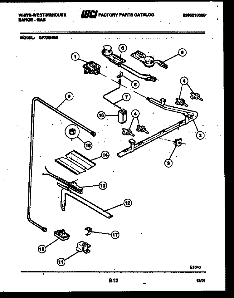 BURNER, MANIFOLD AND GAS CONTROL Diagram and Parts List for GF720NW5  Frigidaire Range