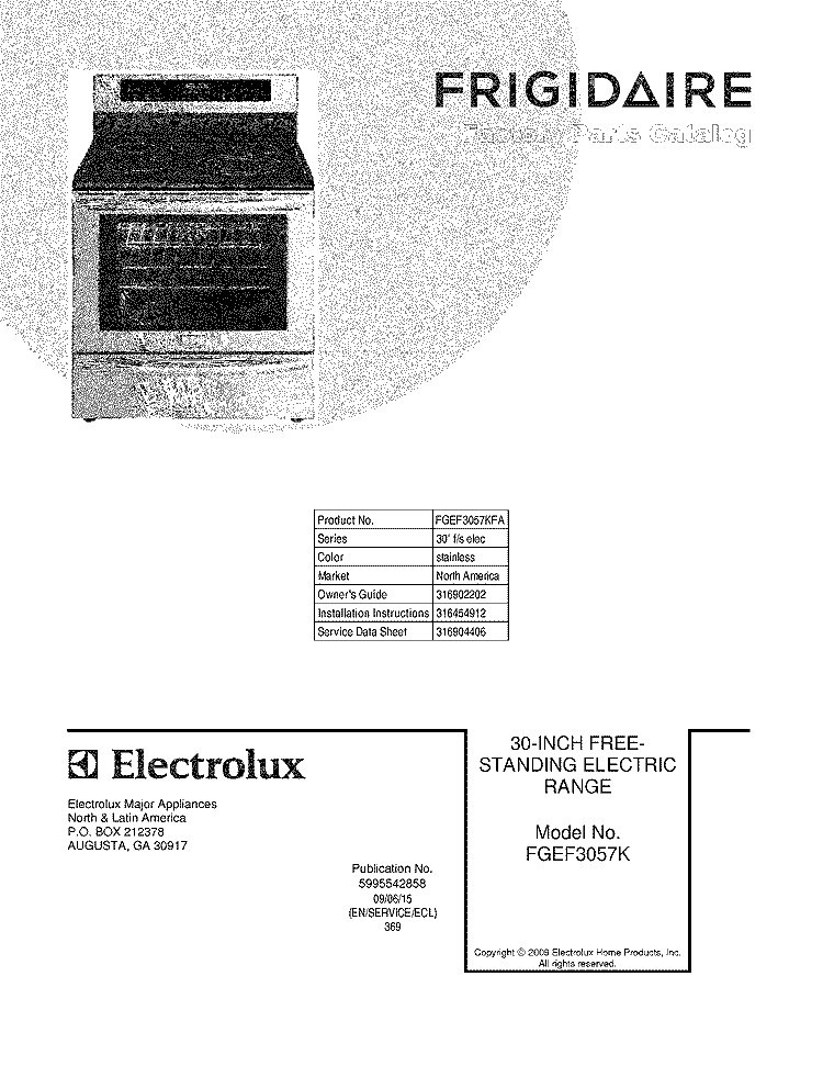 COVER Diagram and Parts List for FGEF3057KFA  Frigidaire Range