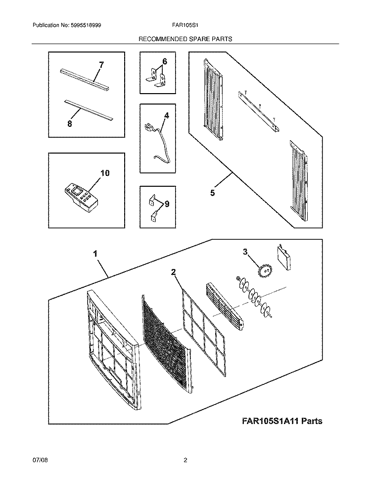 RECOMMENDED SPARE PARTS Diagram and Parts List for FAR105S1A13  Frigidaire Air Conditioner