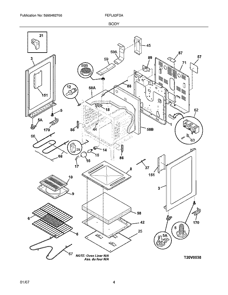 BODY Diagram and Parts List for FEFL63FSA  Frigidaire Range
