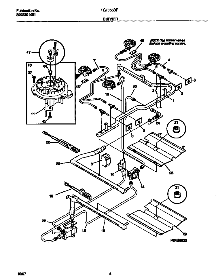 BURNER Diagram and Parts List for TGF355BFWB  Tappan Range