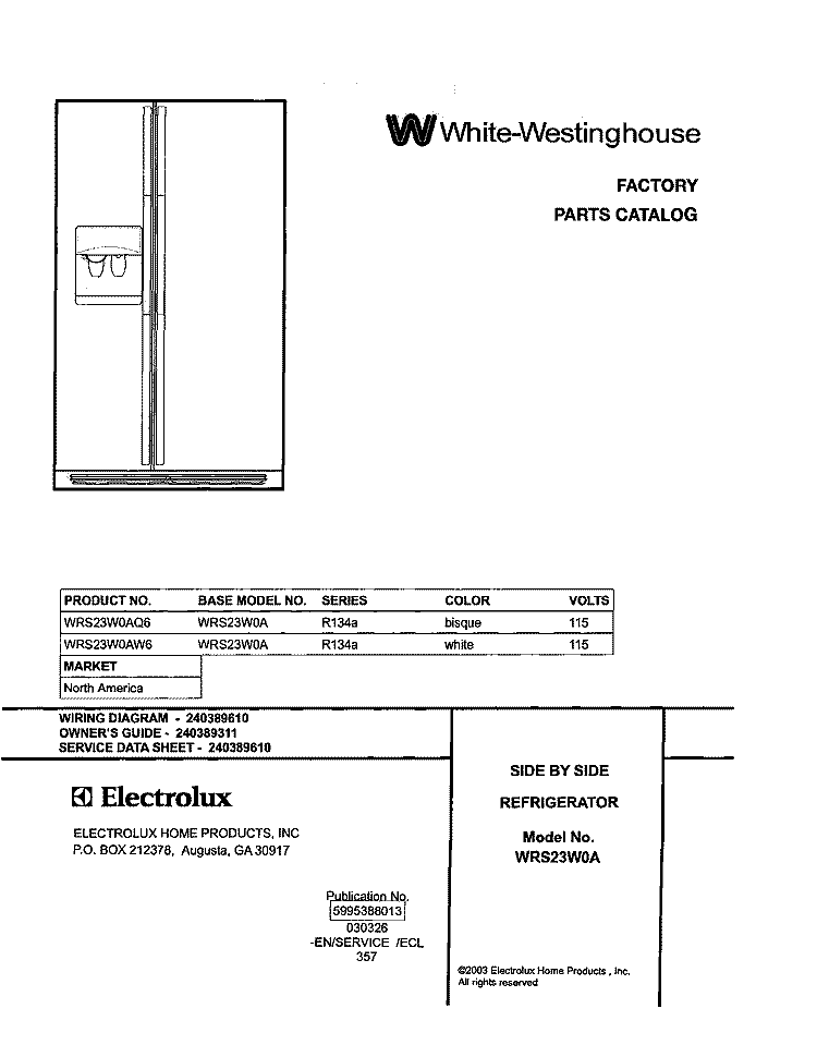 COVER Diagram and Parts List for WRS23W0AW6  Westinghouse Refrigerator