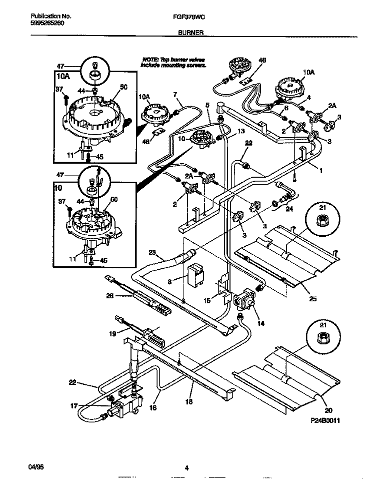BURNER Diagram and Parts List for FGF378WCCA  Frigidaire Range