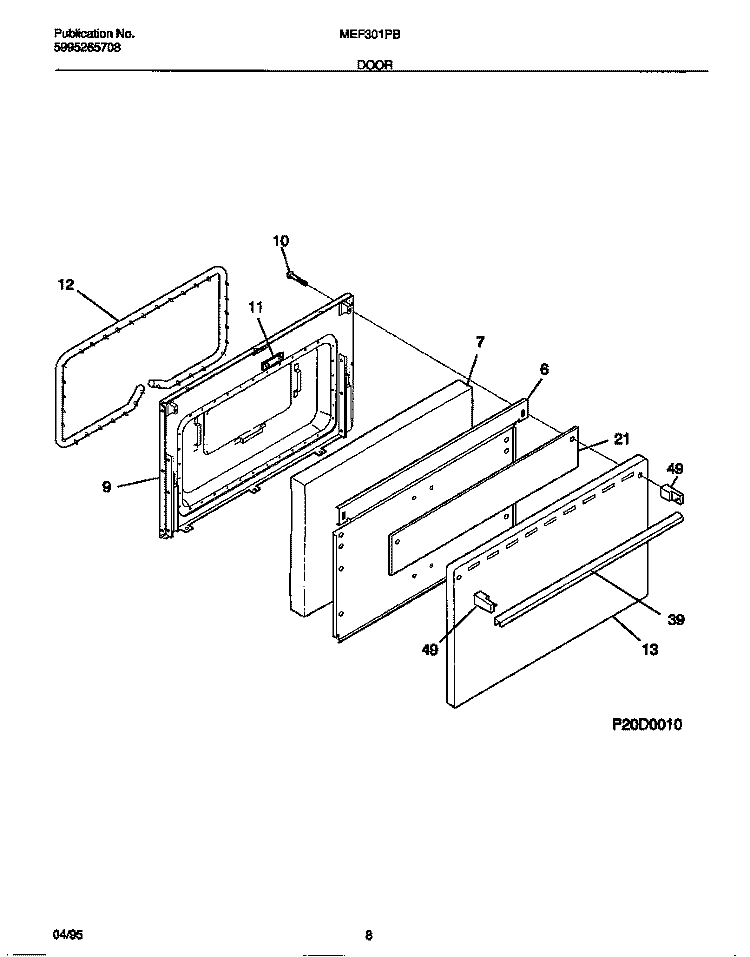 DOOR Diagram and Parts List for MEF301PBDC  Frigidaire Range
