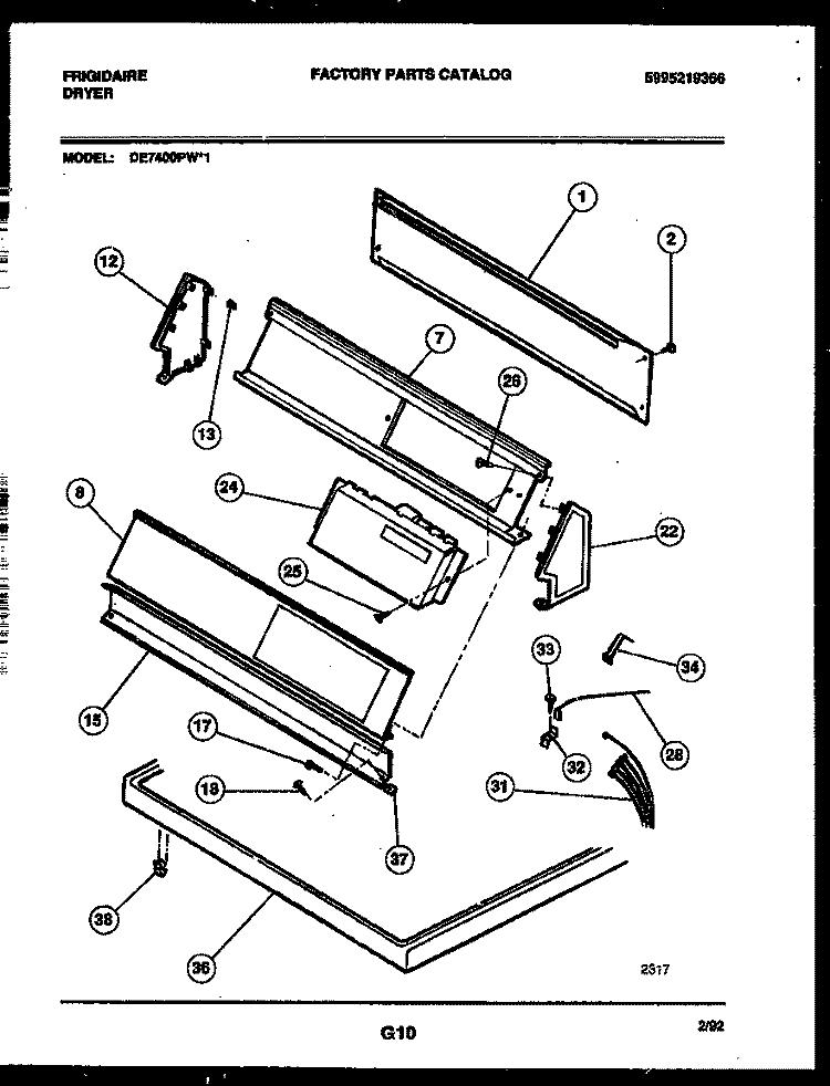 CONSOLE AND CONTROL PARTS Diagram and Parts List for DE7400PW1  Frigidaire Dryer
