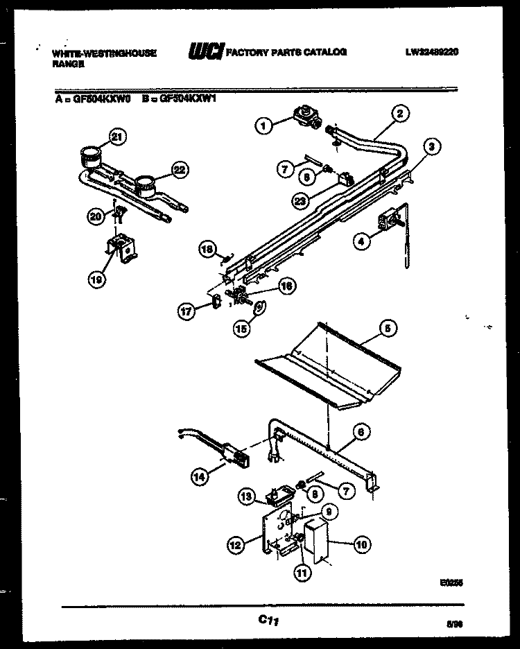 BURNER, MANIFOLD AND GAS CONTROL Diagram and Parts List for GF504KXD1  Frigidaire Range