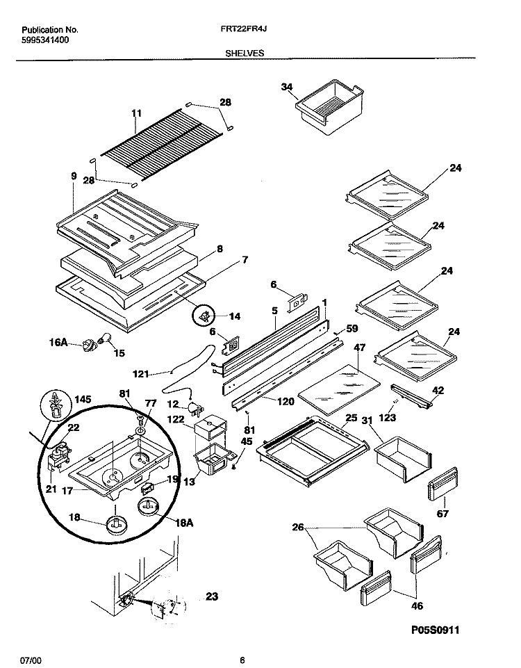 SHELVES Diagram and Parts List for FRT22FR4JW0  Frigidaire Refrigerator