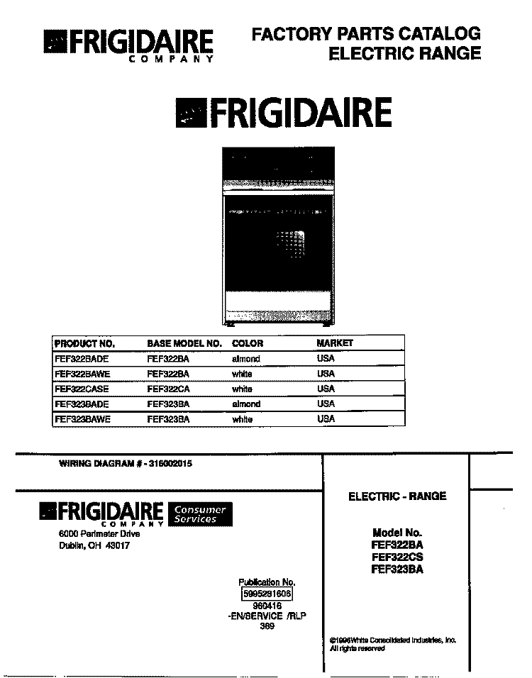 COVER Diagram and Parts List for FEF322CASE  Frigidaire Range