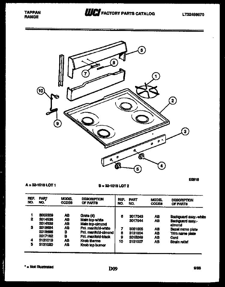 BACKGUARD AND COOKTOP PARTS Diagram and Parts List for 32-1018-23-01  Tappan Range