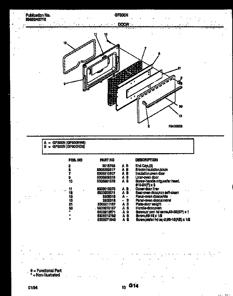 DOOR PARTS Diagram and Parts List for GF300NW8  Frigidaire Range