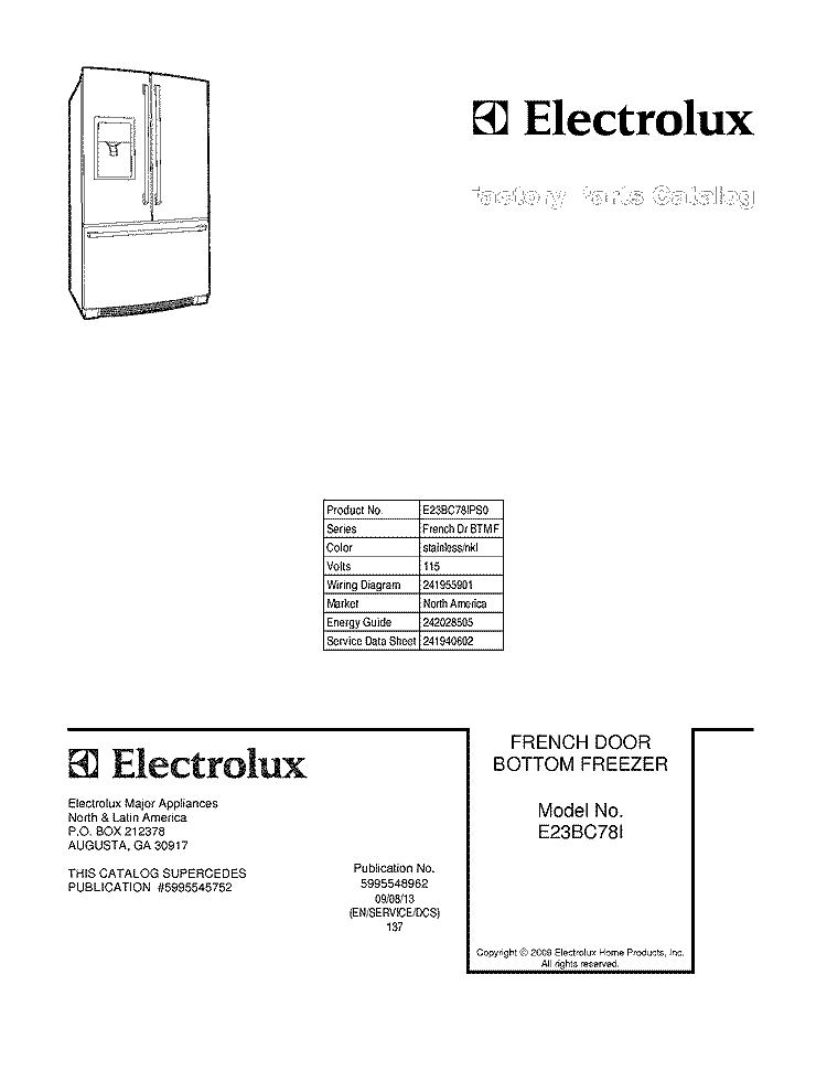 COVER Diagram and Parts List for E23BC78IPS0  Electrolux Refrigerator