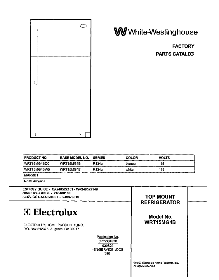 COVER Diagram and Parts List for WRT15MG4BQ0  Westinghouse Refrigerator