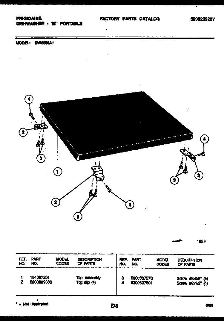 TOP PARTS Diagram and Parts List for DW2558A1  Frigidaire Dishwasher