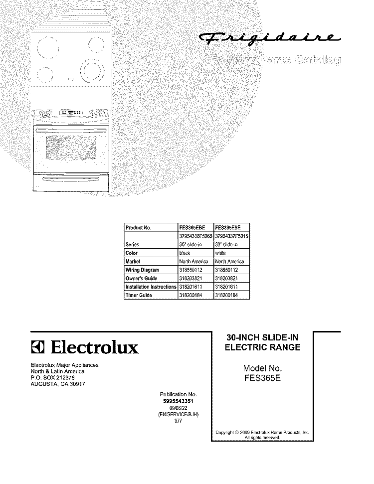 COVER Diagram and Parts List for FES365EBE  Frigidaire Range