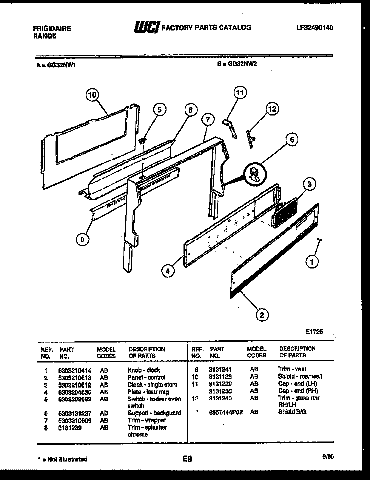 BACKGUARD Diagram and Parts List for GG32NL1  Frigidaire Range