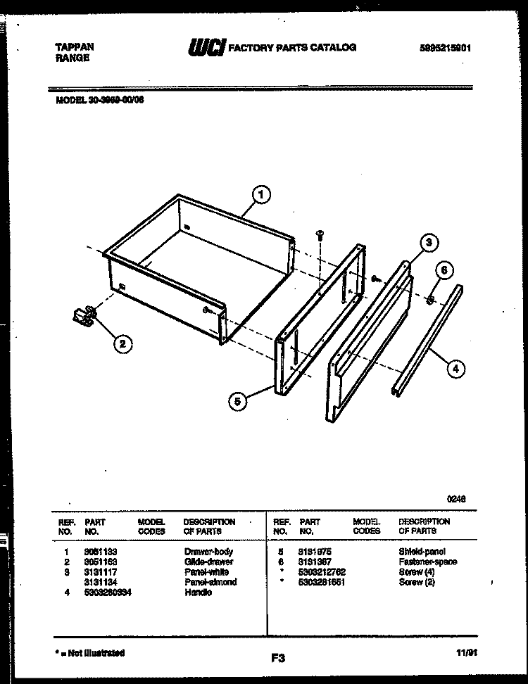 DRAWER PARTS Diagram and Parts List for 30-3989-00-06  Tappan Range