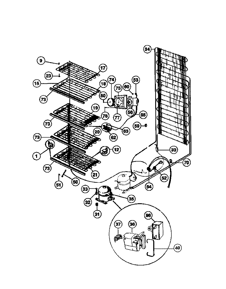 LINER AND UNIT Diagram and Parts List for MFU21M3BW2  Frigidaire Freezer