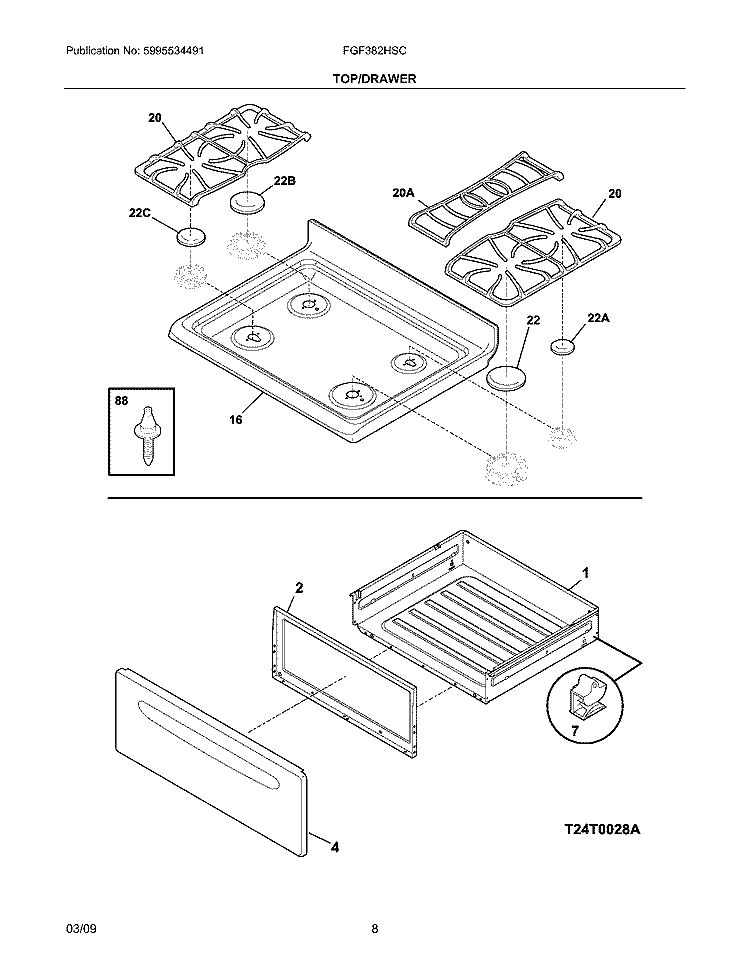 TOP/DRAWER Diagram and Parts List for FGF382HSC  Frigidaire Range