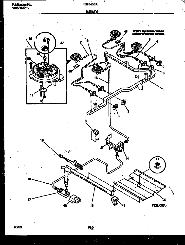 BURNER PARTS Diagram and Parts List for FGF343BAWA  Frigidaire Range