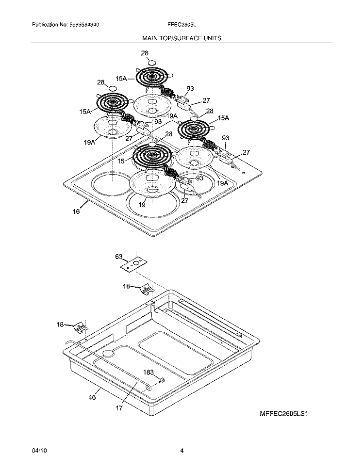 MAINTOP/SURFACE UNITS Diagram and Parts List for FFEC2605LS1  Frigidaire Cooktop