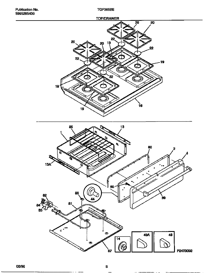 TOP / DRAWER Diagram and Parts List for TGF365BEDA  Tappan Range