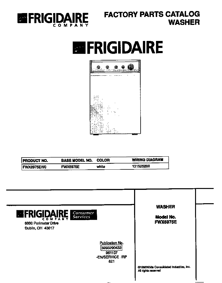 COVER Diagram and Parts List for FWX6975EW0  Frigidaire Washer