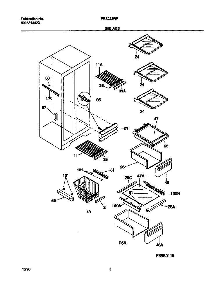 SHELVES Diagram and Parts List for FRS22ZRFD3  Frigidaire Refrigerator