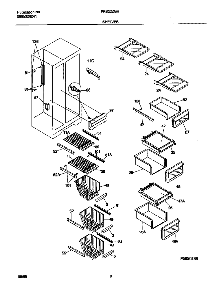 SHELVES Diagram and Parts List for FRS22ZGHD2  Frigidaire Refrigerator
