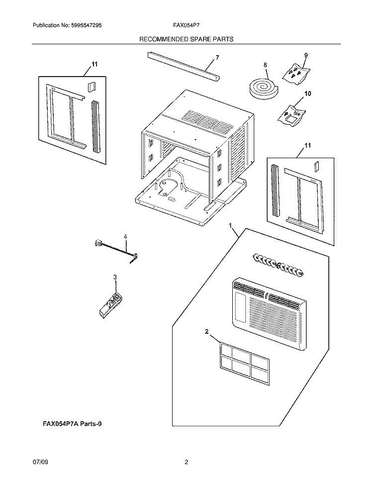 RECOMMENDED SPARE PARTS Diagram and Parts List for FAX054P7AC  Frigidaire Air Conditioner