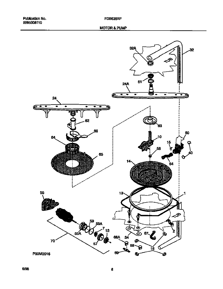 MOTOR AND PUMP Diagram and Parts List for FDB635RFS4  Frigidaire Dishwasher