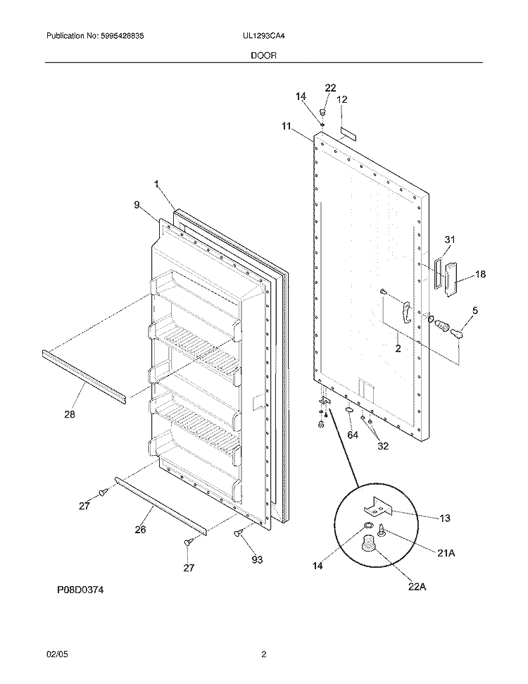 DOOR Diagram and Parts List for UL1293CA4  Electrolux Freezer