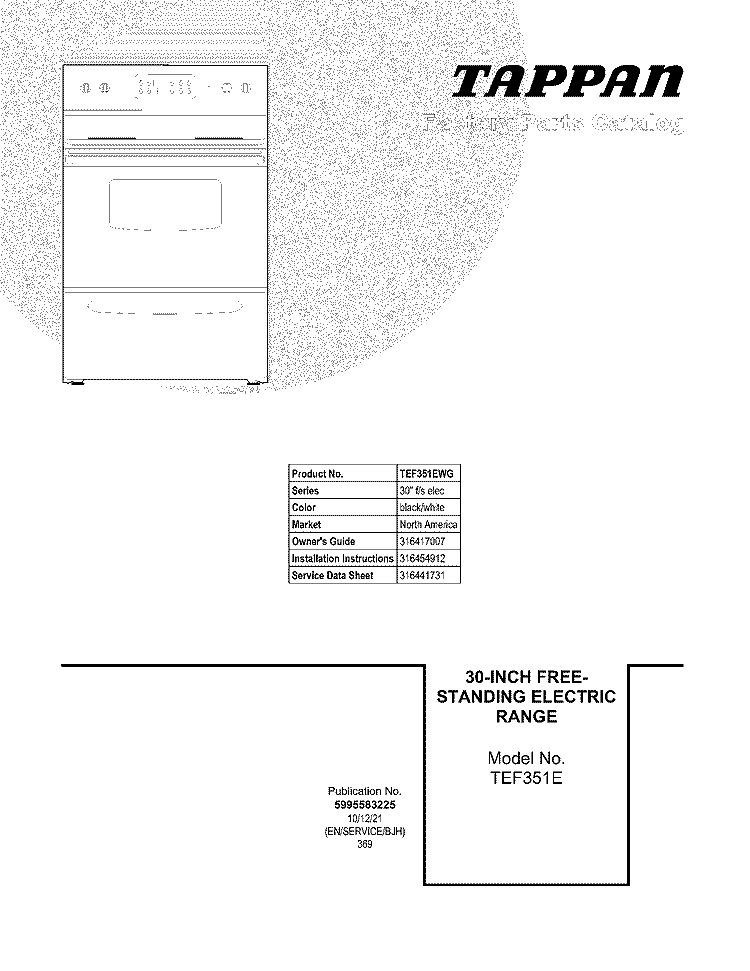 COVER Diagram and Parts List for TEF351EWG  Tappan Range