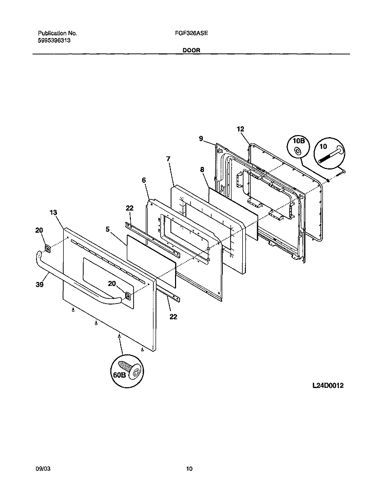 DOOR Diagram and Parts List for FGF326ASE  Frigidaire Range