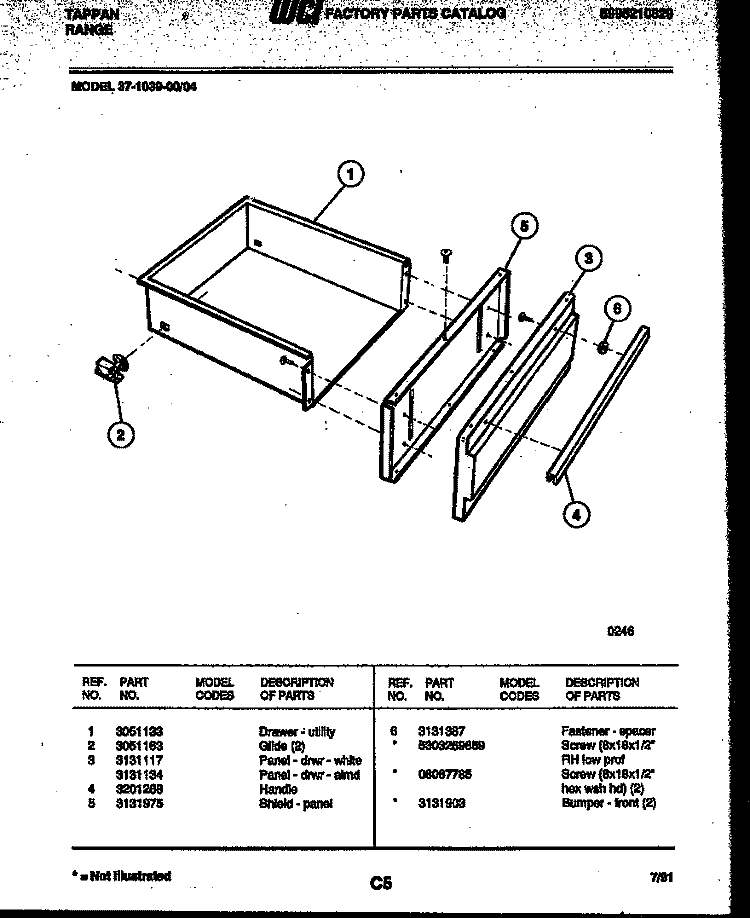 DRAWER PARTS Diagram and Parts List for 37-1039-00-04  Tappan Range