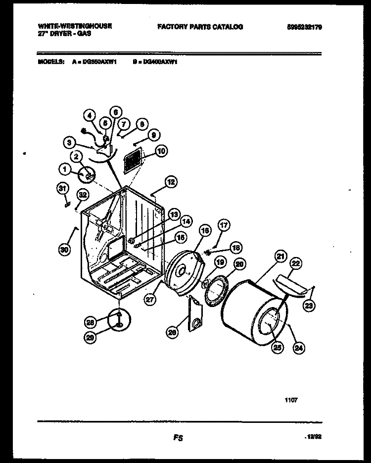 CABINET AND COMPONENT PARTS Diagram and Parts List for DG400AXW1  Frigidaire Dryer